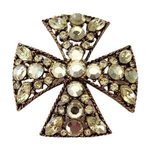 Gold Tone Jonquil Rhinestone Vintage Maltese Cross Brooch Pin E734